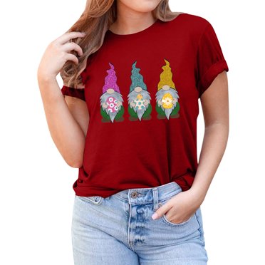 EGNMCR Chemises de Pâques pour Femmes Chemises Imprimé Nain de Pâques T-shirt Manches Courtes Blouse Décontractée Ample T-Shirts pour Femmes