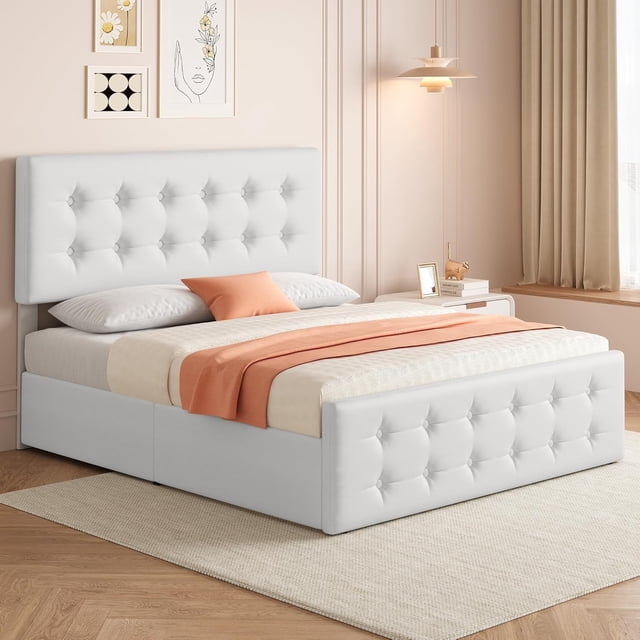 Eastvita Queen Size Bed Frame with 4 Drawers/Adjustable Headboard/White