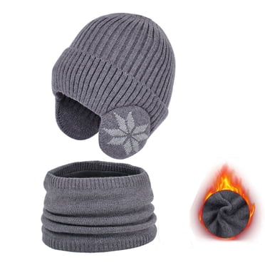 RXIRUCGD Kids Winter Hat Toddler Warm Beanie Knit Hats with Earflap Kid Cute Earmuffs, Winter Beanie Hat Scarf Set for Boys Girls age 4-10, Warm Fleece Lining Beanie with Neck Warmer