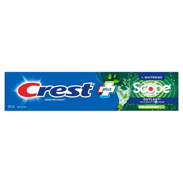 Crest Whitening Plus Scope Outlast Toothpaste 120 mL box with blue and green packaging, featuring Crest and Scope logos, mint leaves, and water splash graphics, highlighting whitening, cavity protection, and long lasting mint freshness for oral care.