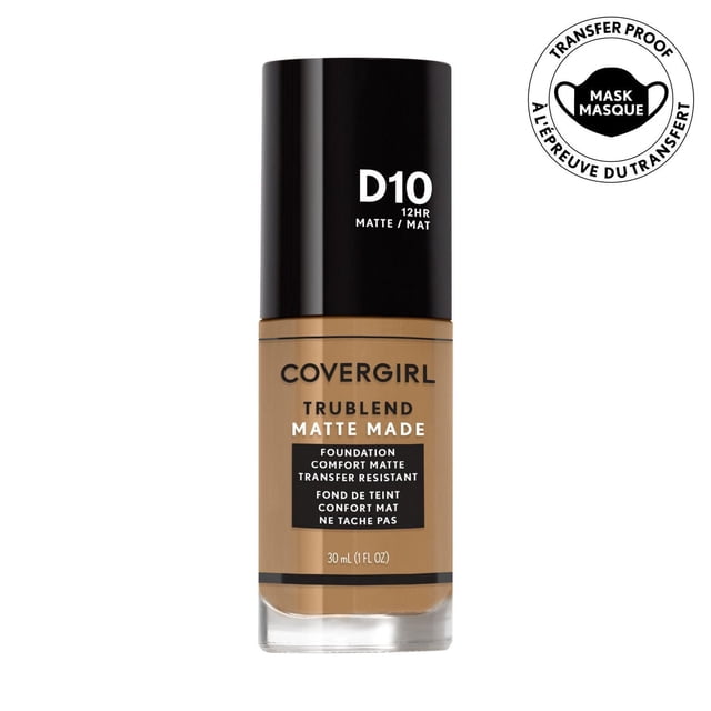 COVERGIRL Trublend Matte Made Foundation in shade D10, 30 ml liquid foundation with black cap, featuring a transfer-resistant, comfort matte formula that lasts up to 12 hours, minimizes pores and oil, and is mask-proof, suitable for normal to oily skin.