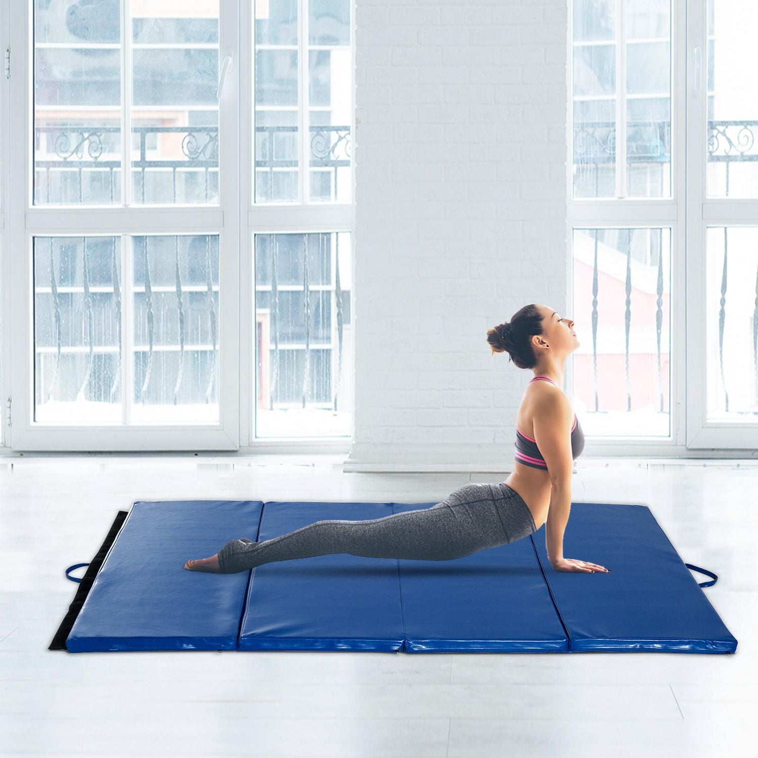 Soozier tapis de gymnastique pliable 10,2 x 15,2 x 5,1 cm, tapis d'exercice avec poignées de transport pour yoga, MMA, arts martiaux, étirements, entraînements de base, bleu