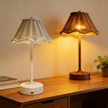 Nsxcdh Table Lamp Vintage Rattan LED Table Lamp Rechargeable Touch Dimmable Bedside Lamp with Scalloped Woven Shade for Bedroom Living Room Patio