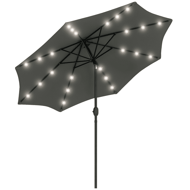 Outsunny 9ft Solar Patio Umbrella with LED Lights Tilt Canopy, Grey. Designed with a rust-resistant steel pole and 8 ribs supporting a durable charcoal grey 180gsm polyester canopy. Features solar-powered LED lights with a square solar panel on top, a crank handle for easy operation, and a tilt system for adjustable shading angles. Ideal for patios, gardens, and outdoor spaces. Stand not included.