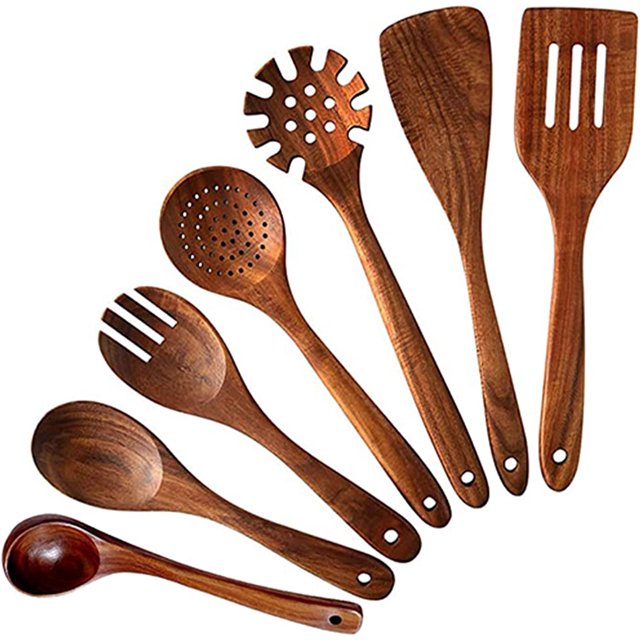 Cooking Tool Sets Teak Solid Wood Kitchenware Set with six wooden utensils, including a soup spoon, rice spoon, slotted spatula, pasta server, and more. Made of natural teak wood, lightweight, eco-friendly, and non-stick. Designed with long handles and hanging holes for easy storage. Ideal for home, restaurant, and kitchen use.