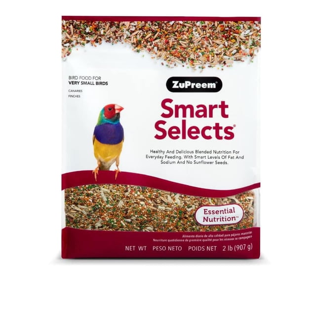 Zupreem Smart Select Very Small Birds Food in a 2 lb (907 g) white and red bag featuring a colorful finch illustration and visible blended seed mix, formulated for canaries, finches, and other very small birds with essential vitamins, minerals, and balanced fat and sodium for daily nutrition.