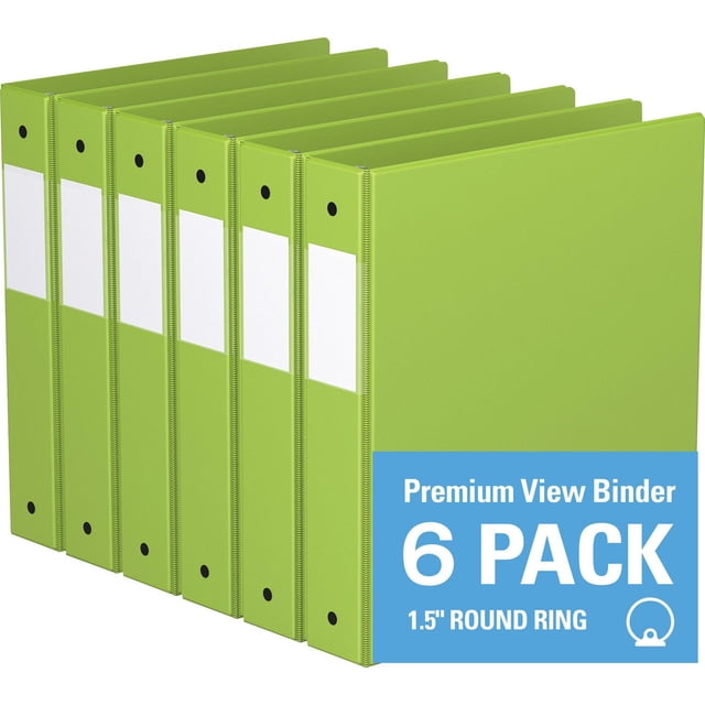 Davis Group, Premium Economy, Round Ring, Binder, 6 Pack, 1.5" showing six lime green binders with clear label holders on the spine and round rings, arranged in a row with a front-facing view. Each binder includes clear interior pockets for securing documents and holds up to 275 sheets, ideal for office, school, and conference use.