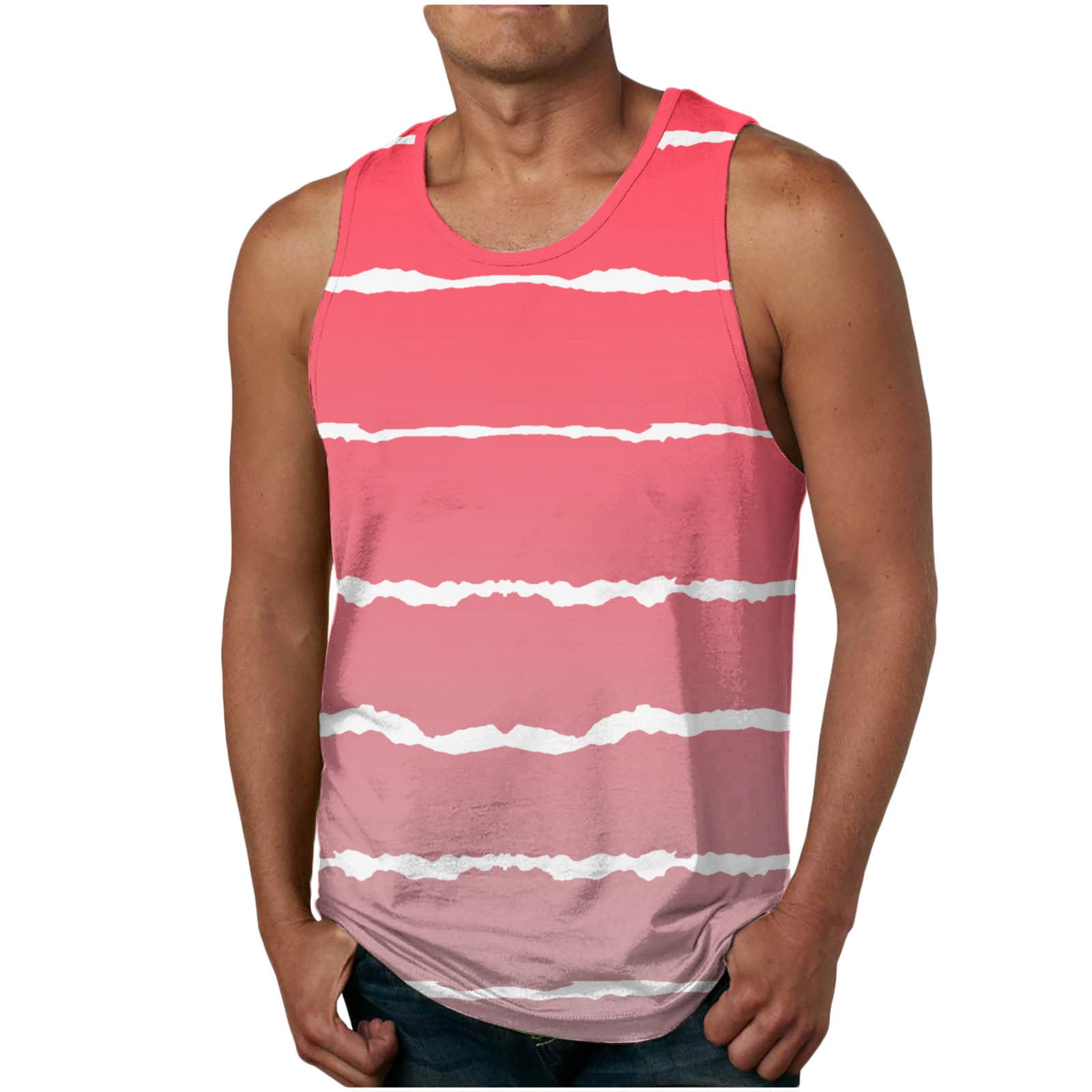 lcziwo Débardeur Sans Manches à Rayures pour Homme, Débardeurs pour Hommes, Débardeur Graphique Imprimé à Rayures Cool, Chandail Sans Manches pour Entraînement, Gym, Jogging 2024 Rose, TG