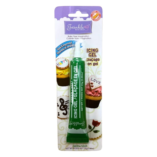 Twinkle Stylo Gel à Glaçage - Vert dans un tube Compressible avec une Buse Pointue, Emballé sur une Carte Montrant des cupcakes et des Biscuits Décorés, Idéal pour Créer des Effets Scintillants, Écrire des messages et Décorer des art en fondant sur des Gâteaux et des desserts.
