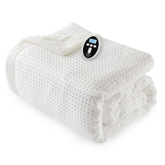 Fast Heating King Size Electric Blanket - Waffle Weave, Dual-Sided Sherpa, 6 Heat Levels, 1-10H Timer, Machine Washable, Wireless LCD Controller, ETL Certified, White, 90x100 Inches