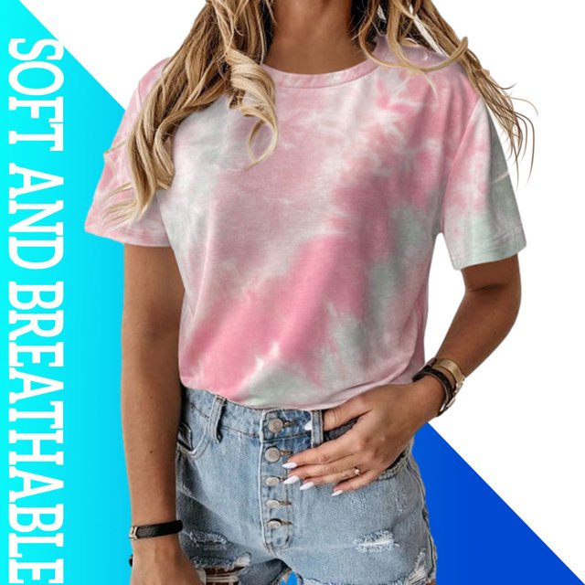 pitrice T-shirt pour Femme à Col Rond, Manches Courtes, Imprimé Teinture sur Nœuds, Haut Décontracté, Bleu, m Rose G