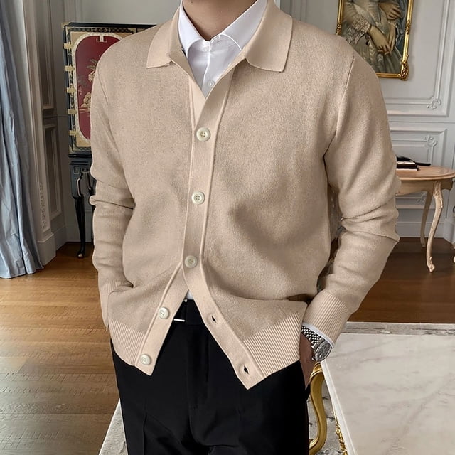 Mikilon Cardigan en Tricot à Revers pour Homme, Chandail Ajusté Élastique