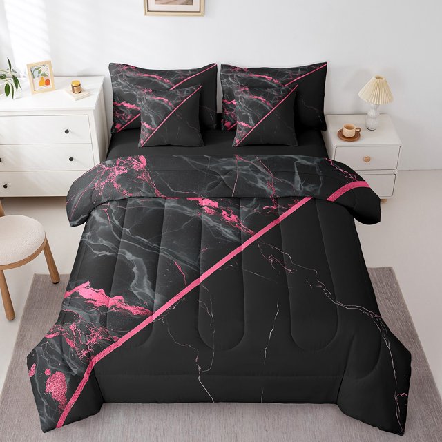 YST Dégradé Noir Rose Ensemble de Literie 7 Pcs, Ensemble de Literie Marbre Rouge, Format Double
