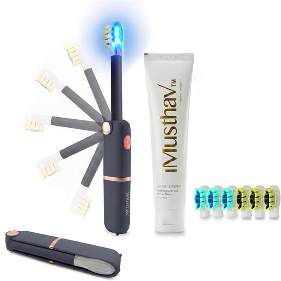 iMusthav Sonic Electric Toothbrush for Adults, Battery Operated Foldable Travel Toothbrush, Blue LED Light & Whitening Toothpaste, 3 Modes, Smart Timer, 6 Replacement Brush Heads