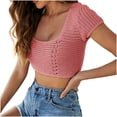 thumbnail image 1 of Square Neck Crop Tops for Women Short Sleeve Crochet Knit Going out Tops Basic Slim Cropped T Shirts, 1 of 4