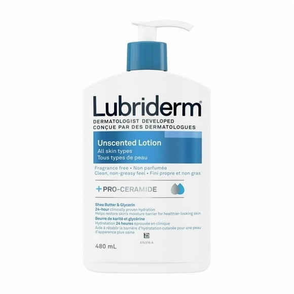 Lubriderm Unscented Lotion, Shea Butter and Glycerin, Dry Skin, Hand, Face Moisturizer, Fragrance Free, 480 mL