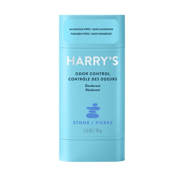Harry’s Stone odour Control Deodorant Stick for Men in a light blue plastic stick container with rounded edges, labeled aluminum-free and paraben-free, 70g size, featuring Stone scent with mineral and citrus notes, providing 48-hour odour protection and suitable for sensitive skin.