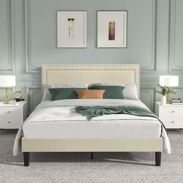 VECELO Twin/Full/Queen Bed Frame with Adjustable Height Upholstered Headboard, Strong Wood Slat Support, No Box Spring Needed, Beige