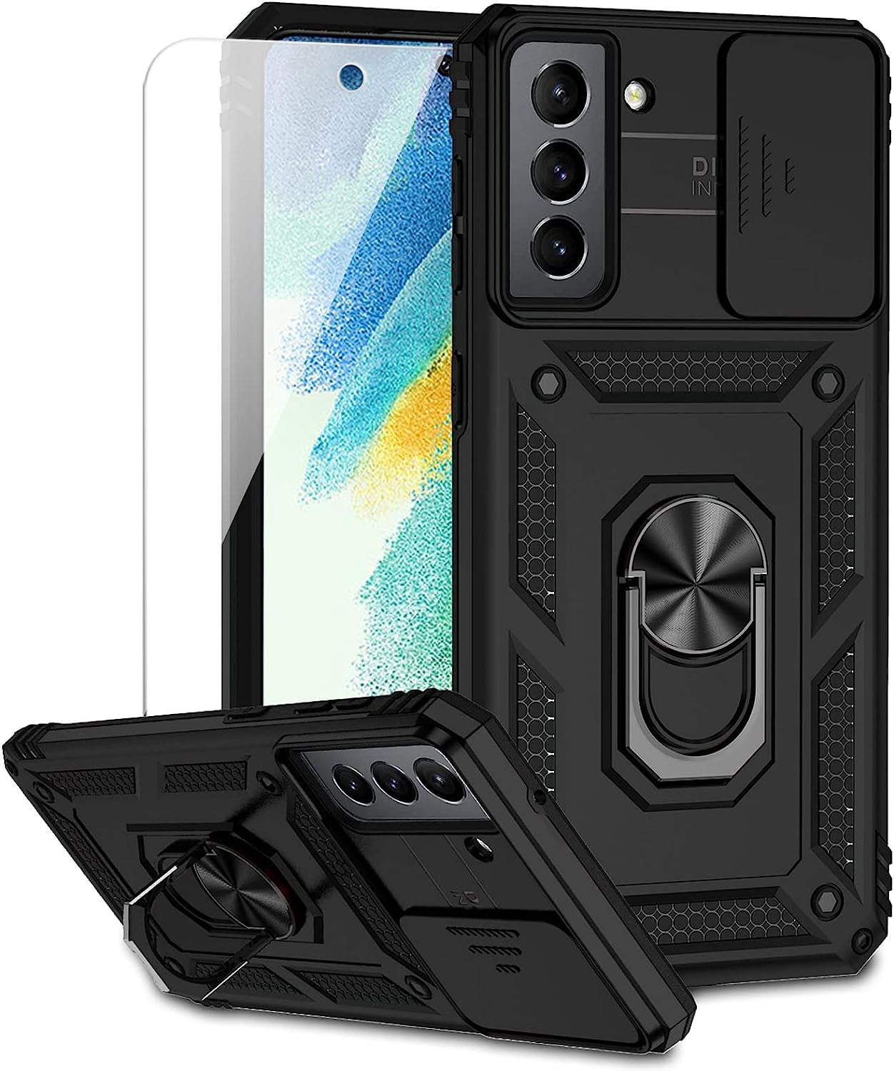 for Samsung Galaxy S21 FE 5G Case with Camera Lens Cover HD Screen Protector, Military-Grade Drop Tested Magnetic Ring Holder Kickstand Protective Phone Case for Samsung Galaxy S21 FE 5G (Black)