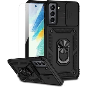 Pour Samsung Galaxy S21 FE 5G Cas avec couverture d'objectif caméra HD Protecteur d'écran, porte-anneau magnétique testé militaire-Grade Kickstand étui de protection pour téléphone pour Samsung Galaxy S21 FE 5G (Noir)