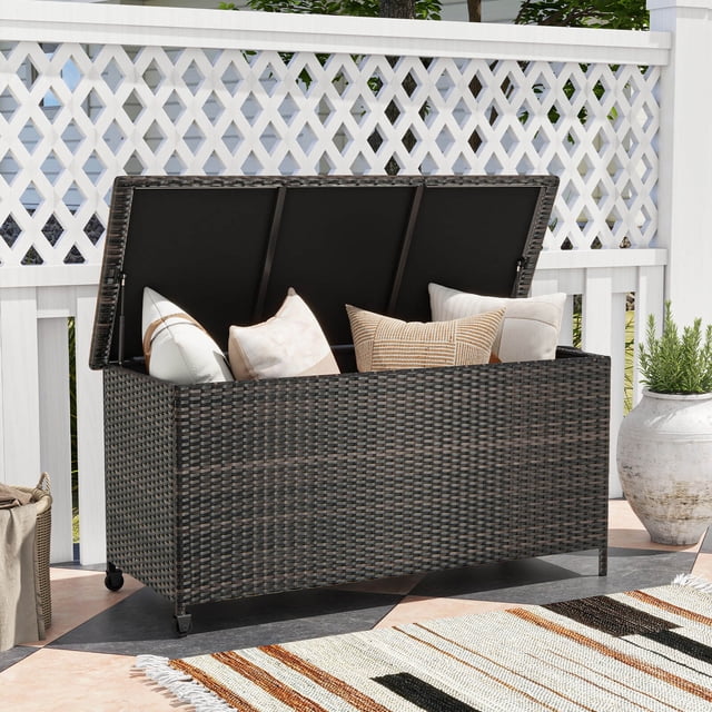 Costway Coffre de Terrasse en Rotin de 85 Gallons avec Doublure Imperméable, Roues Universelles et Vérin à Gaz, Brun