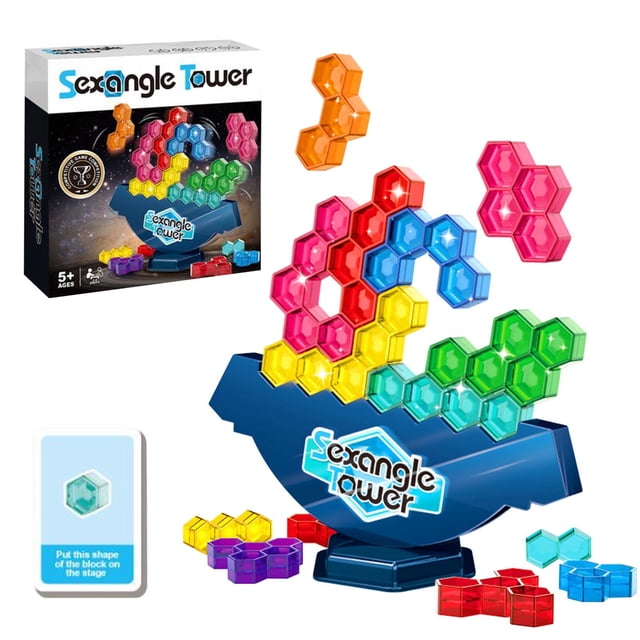 Tetris Puzzle Board Game Stacking Tower Toy for kids, featuring 16 colorful hexagonal blocks, a blue balancing base, and 22 challenge cards. This educational brain teaser promotes spatial reasoning, fine motor skills, and parent-child interaction. Compact and portable design for easy storage.