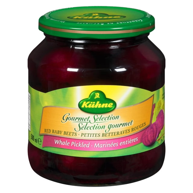 Kuhne Gourmet Selection Red Baby Beets 500ml glass jar with whole pickled small red baby beets in a mildly seasoned infusion, featuring a green lid and a yellow-green label with Kuhne branding and bilingual product details, suitable for salads and gourmet recipes.