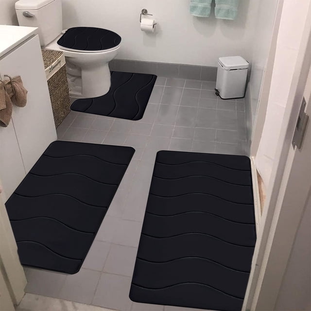 Fridja Bath Rug Set 4 Pcs Bathroom Mat Basic Memory Foam Bathroom Rugs Soft Toilet Mats Water Absorption Non-Slip Bottom Mat Thick Quick-Dry(Black)