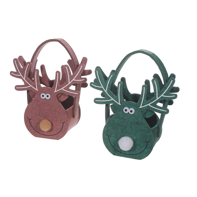 Felt Reindeer Basket - Set of 2 with two polyester felt baskets shaped like reindeer heads, one brown with tan nose and one green with white nose, each 8 by 3.2 by 7.6 inches, suitable for tabletop holiday decor and storing small items like candies or ornaments.