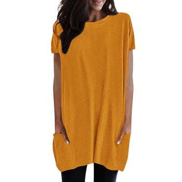 AWZXDE T-Shirts Stylés pour Femmes Décontractés Amples à Enfiler Col Rond Hauts Blouse avec Poches Tuniques à Manches Courtes pour la Mode d'Été