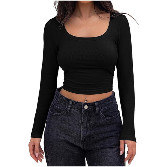 Timegard Ribbed Tops for Women Scoop Neck Cropped Slim Fitting Blouse Fall Casual Comfy Long Sleeve Tops