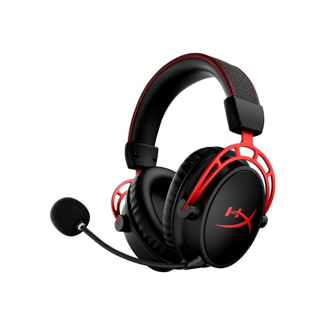 HyperX Cloud Alpha - Wireless Gaming Headset in black and red featuring padded leatherette ear cups, red metal frame supports, adjustable headband with red stitching, and a flexible boom microphone with foam windscreen, suitable for PS4 gaming and long wireless sessions.