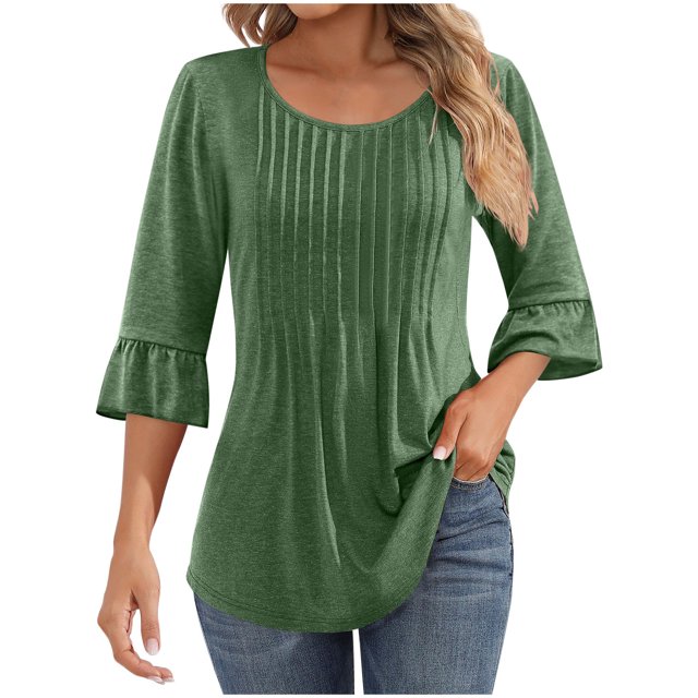MeetoTime Tuniques pour Femmes Manches 3/4 Décontractées Col Rond Plissé Couleur Unie T-Shirt Pull