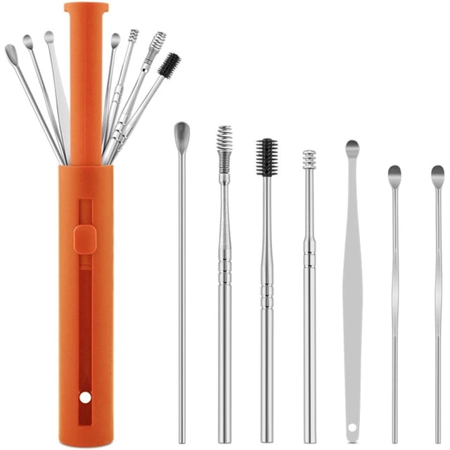 7Pcs/Set Steel Earpick Wax Remover Piercing Kit Ear Wax Pickers Earwax Curette Spoon Care Ear Clean Toolear Cleaner (Color : Orange)