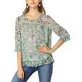 thumbnail image 2 of INSPIRE CHIC Women's Floral Chiffon Blouse 3/4 Sleeve Round Neck Ruffle Hem Top Mint Green M, 2 of 7