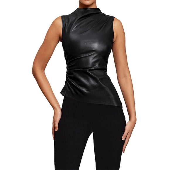 HNMKIU Yoga Sleeveless Tops Women's Solid Color Leather Collarless Asymmetrical Hem Slim Fit Sleeveless Vest Top