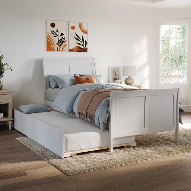 Lit Plateforme en Bois Portland Simple TG avec Pied de Lit Assorti et Tiroir-Lit, Blanc