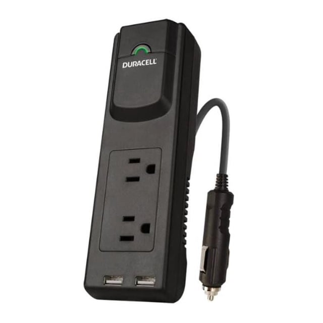 175 Watt Powerstrip Inverter by Duracell with two grounded AC outlets and two 2.1 Amp USB ports, black rectangular body with a 3-foot cord and car cigarette lighter plug, converting car DC power to AC and USB power, ideal for powering multiple devices inside a vehicle.