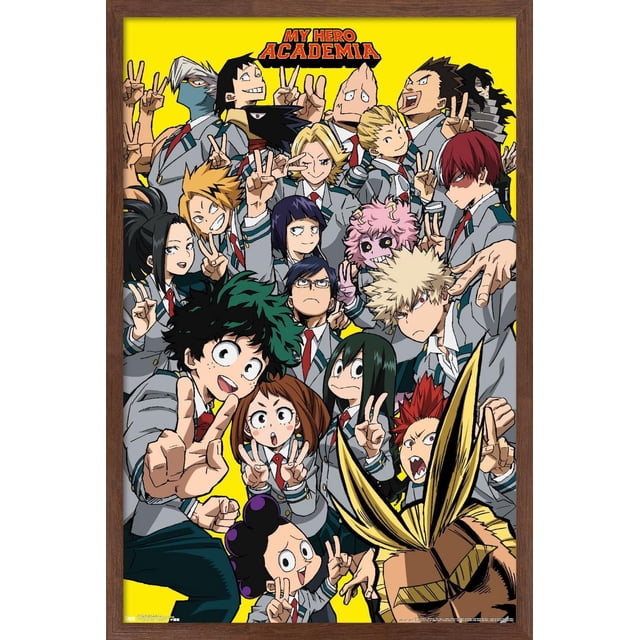My Hero Academia - Affiche Murale Selfie, 22,375 Po x 34 Po Mettant en Vedette des Personnages d'Anime en Uniformes Scolaires Gris avec Cravates Rouges Posant avec des Signes de Paix sur un Fond Jaune Vif, Imprimée sur Papier Lustré et Encadrée en Bois, Convient à la Décoration Murale de Chambre Ou de Dortoir.
