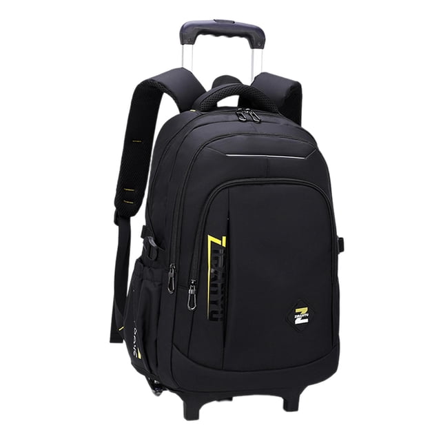 Bunblic Rolling Backpack Trolley Suitcase in black with yellow accents, designed for kids, featuring a removable trolley handle, adjustable shoulder straps, and multiple compartments. Made of durable, water-resistant nylon material, suitable for camping, business, or travel. Dimensions: 33cm x 20cm x 50cm.