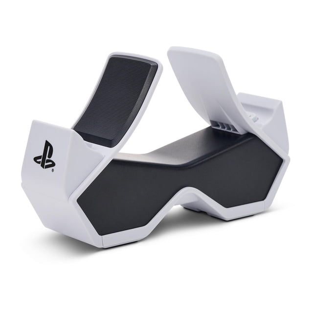 PowerA Twin Charging Station for DualSense Wireless Controllers showing a white and black snap-down dock with PlayStation logo, designed to charge and display two PS5 DualSense controllers simultaneously, suitable for organized gaming setups.
