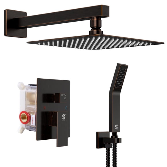 SR SUN RISE Oil Rubbed Bronze Shower System 12 Inches Brass Bathroom Luxury Rain Mixer Shower Combo Set Wall Mounted Rainfall Shower Head System Shower Faucet Rough-in Valve Body and Trim Included