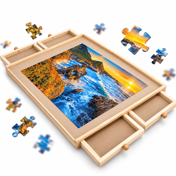 Tradeopia Wooden Puzzle Board with 4 Drawers for 1500 Piece Puzzles, 34.6 x 26 Inch Puzzle Table with Storage