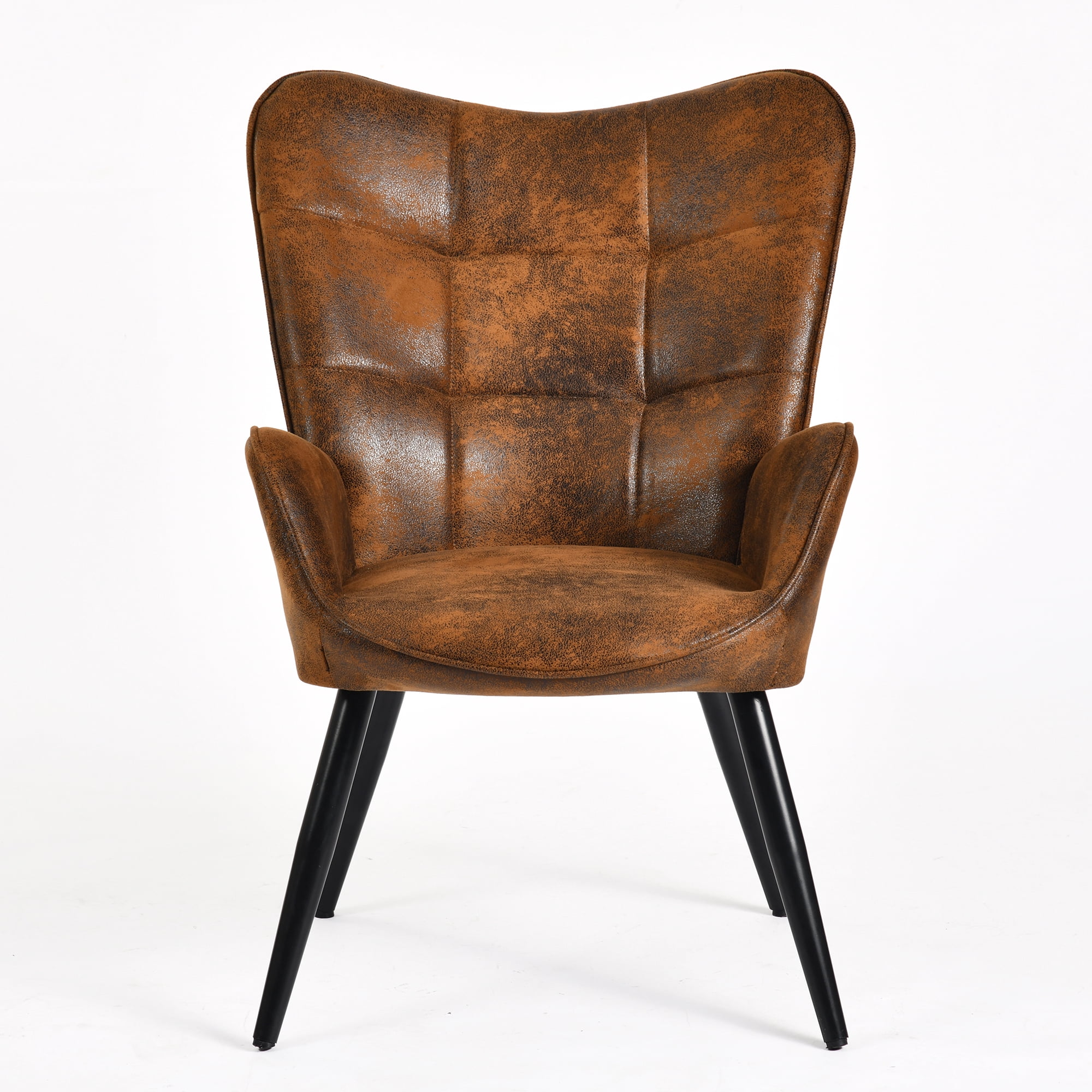 Homy Casa fauteuil d’appoint à dossier oreilles en similicuir brun, dossier capitonné et pieds en métal noir