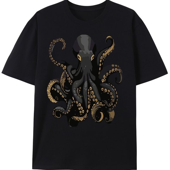 Men's Japanese Kanji & Squid Print T-Shirt - Black with Golden Ink Calligraphy Design, Anime Manga Apparel, Casual Round Neck Short Sleeve Tee for Japan Culture Fans