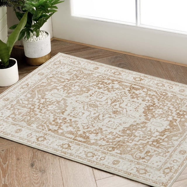 Rugking Doormat 2x3 Washable Persian Rug Indoor Entryway Vintage Rug Taupe Area Rug Foldable Non Slip Low Pile Mat for Bathroom Kitchen Bedroom