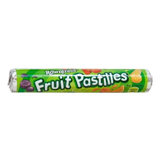 Rowntree Fruit Pastilles vegan candy roll in green wrapper showing assorted fruit pastilles including orange, lemon, strawberry, and blackcurrant flavors, with calorie info per 7 sweets, often used as a sweet snack or treat.