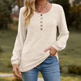 thumbnail image 2 of CEHVOM Women's Round Neck Stripe Matte Solid Color Button Splicing Long Sleeved T-shirt Top Clearance, 2 of 4