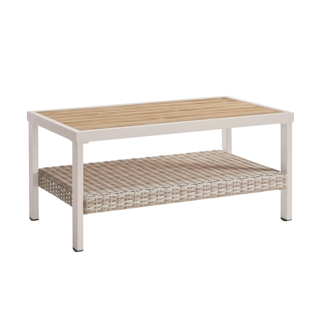 SONGMICS HOME Collection Sencillo table Basse d'Extérieur en Acier Couleur Os avec Dessus Rectangulaire à Lattes en faux Bois et Tablette Inférieure en faux Rotin Tressé à la Main, Supportée par un Cadre en Acier Enduit de Poudre Résistant à la Rouille, Convient aux Aires de Vie Extérieures et à un Rangement Supplémentaire.