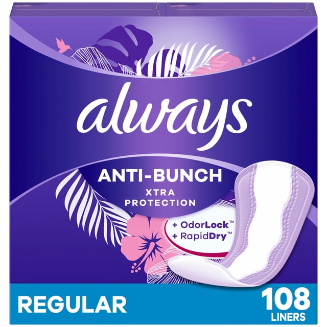 Always Anti-Bunch Xtra Protection Daily Liners, Regular Length, Unscented. Front-facing centered pack with Always branding and product name; slim liner profile with edge-to-edge adhesive; lists Anti-Bunch Technology, LeakGuard core, RapidDry and OdorLock for light bladder leaks, sweat, discharge and spotting; often used as discreet bra-cup or sweat guards for active days.